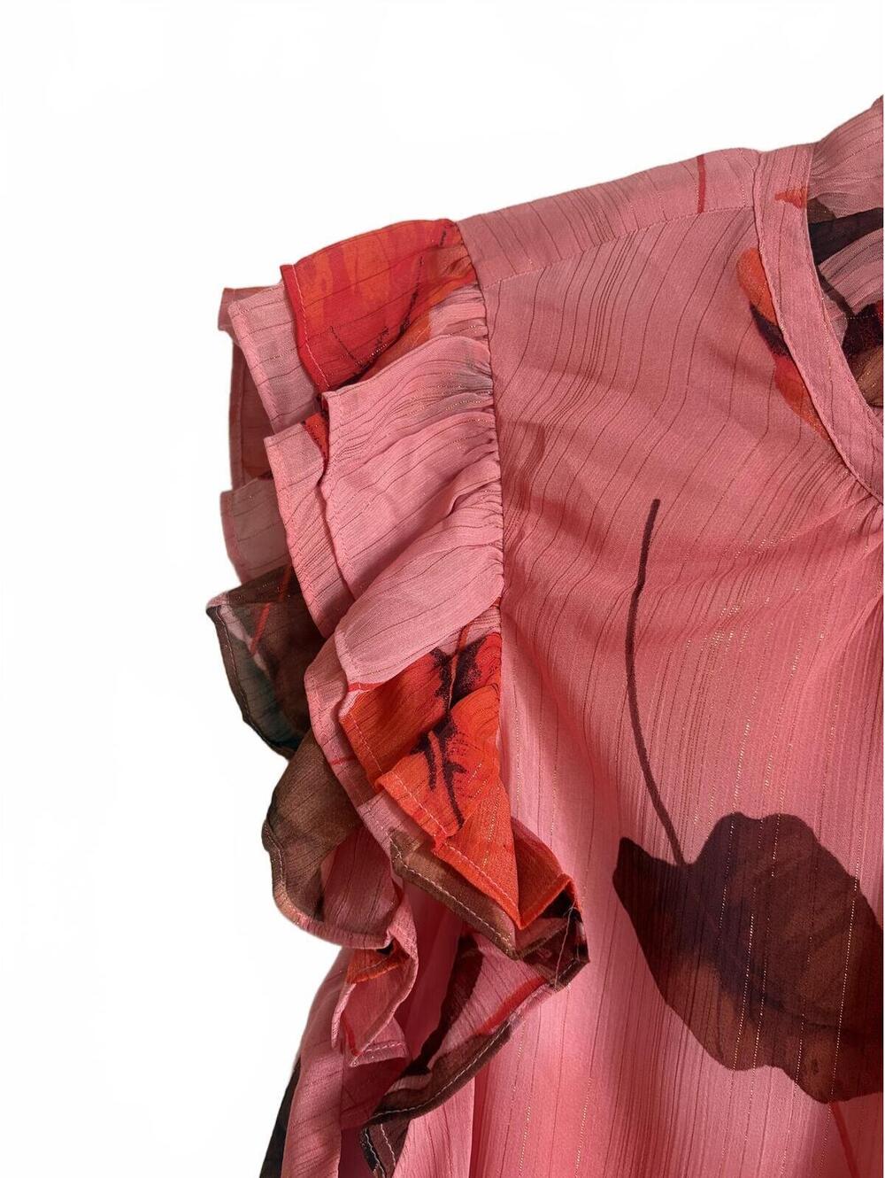 Express | Beautiful Silky Pink Red Brown Floral Gold Ruffle Cap Sleeve Blouse XL - Picture 4 of 9